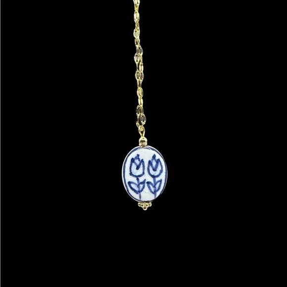 Blue and White Floral Ceramic Pendant on Stainless Steel Necklace - Picture 10 of 13